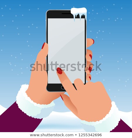 Foto stock: Hands In Mittens Hold Phone Winter Gloves And Gadget Vector Il