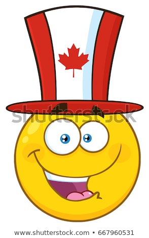 Foto stock: Happy Patriotic Yellow Cartoon Emoji Face Character Wearing A Usa Hat And Pointing