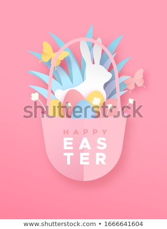 Stockfoto: Happy Easter Paper Cut Card Rabbit Eggs In Basket