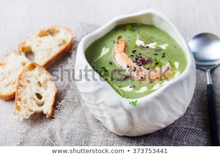 Foto stock: Broccoli Spinach Cream Soup Shrimp Wooden Board