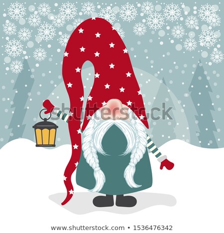 Stok fotoğraf: Gnome And His Lantern Christmas Card Flat Design