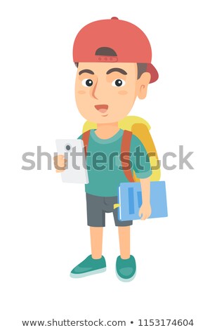 Stock foto: Caucasian Schoolboy Holding Cellphone And Textbook