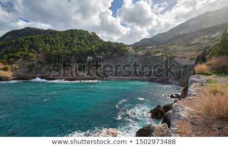 Stok fotoğraf: Banyalbufar Town Surrounded By Tramuntana Mountains Majorca Sp