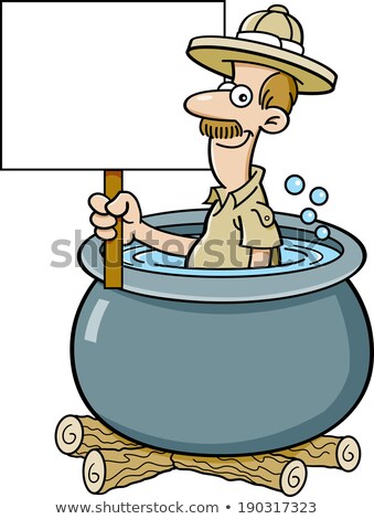 Foto stock: Cartoon Explorer In A Cooking Pot Holding A Sign