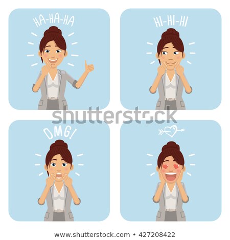 Stockfoto: Girl Set With Different Hand Gestures And Facial Expressions