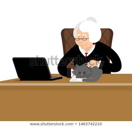 ストックフォト: Old Businesswoman Business Grandmother Laptop And Cat Case An