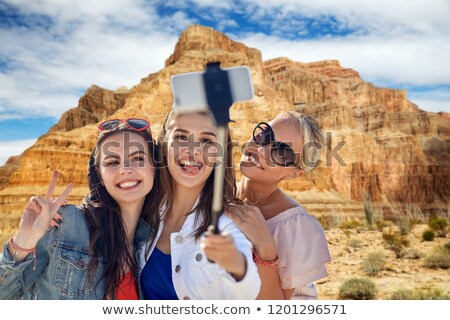 Foto stock: Friends Taking Selfie By Monopod At Grand Canyon