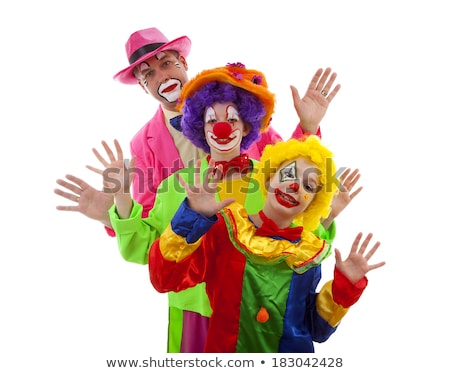[[stock_photo]]: Three People Dressed Up As Colorful Funny Clowns Over White Back
