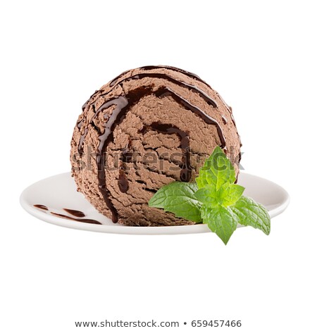 Stock fotó: Ice Cream Brown Scoop Decorated Mint Leaves With Strips Drops Chocolate Sauce On Plate Isolated On