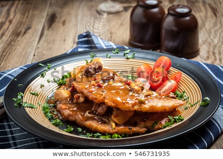 Stockfoto: Potato Pancakes With Meat Vegetable Tomato And Parsley