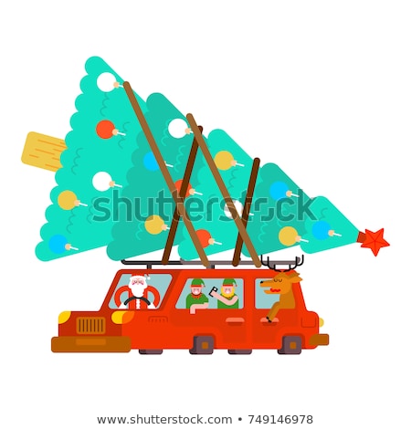 ストックフォト: Santa Claus And Deer And Elf In Car Carry Christmas Tree And Gi