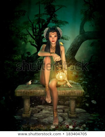 Zdjęcia stock: Beautiful Fantasy Woman On Bench In Forest