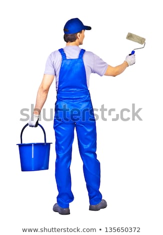 Zdjęcia stock: Senior Painter Man At Work With A Paint Bucket