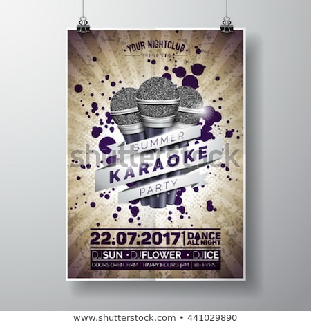 Stok fotoğraf: Summer Karaoke Party Flyer Design With Microphone And Ribbon On Blue Cloudy Sky Background Vector S