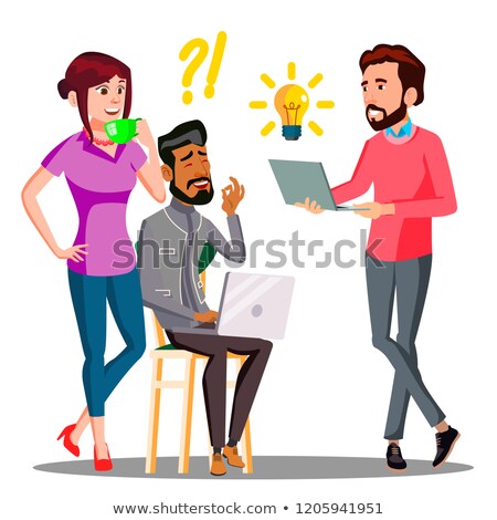 Zdjęcia stock: Brainstorming Office Employees Actively Talking With Burning Light Above Head Vector Isolated Illu