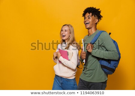 ストックフォト: Photo Of Teenage People Guy And Girl 16 18 Wearing Backpacks Smi