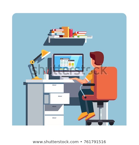 Foto stock: Vector Boy Sitting At Computer In Flat Style