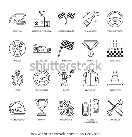 Foto d'archivio: Car Racing Vector Line Icons Speed Auto Championship Signs - Track Automobile Racer Helmet Chec