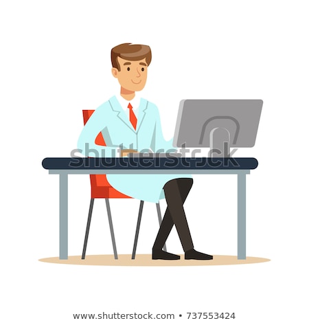 Stok fotoğraf: Professor Or Scientist Cartoon Character Behind Desk With A Big Idea