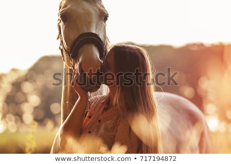 Foto stock: A Woman With Her Horse At Sunset Autumn Outdoors Scene