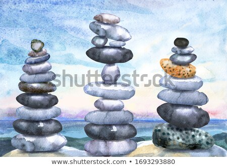 Stok fotoğraf: Watercolor Hand Drawn Landscape With Stacks Of Flat Pebbles And Ocean