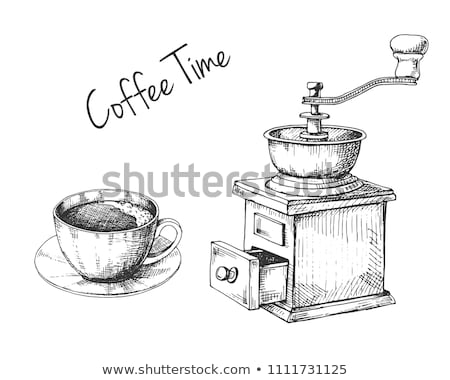 Stok fotoğraf: Retro Manual Coffee Grinder Or Mill And Mug With Coffee Sketch In Vintage Style