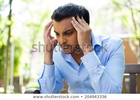 ストックフォト: Closeup Portrait Stressed Young Asian Man Hands On Head With B