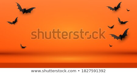 Stock foto: Halloween Orange Blank Background With Bats Flock And White Wooden Board Shelf Copy Space
