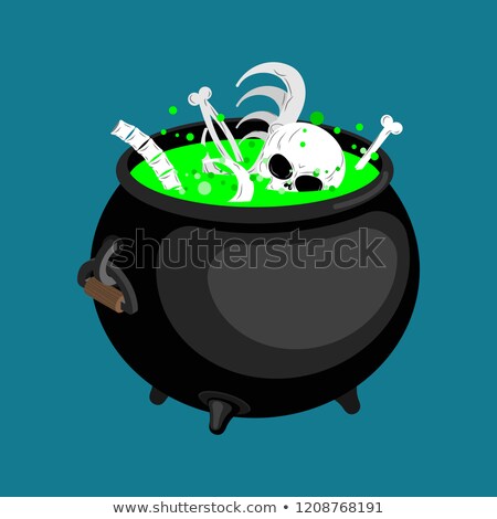 Stockfoto: Pot With Magical Potion And Bones And Skull Witch Accessory Ha