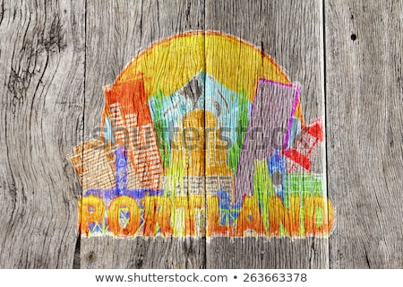 Foto d'archivio: Portland Oregon Skyline Circle Color Wood Background Illustratio