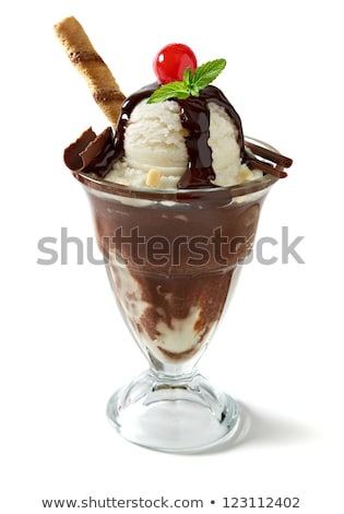 Foto d'archivio: Ice Cream With Chocolate Sauce And Mint Sticks