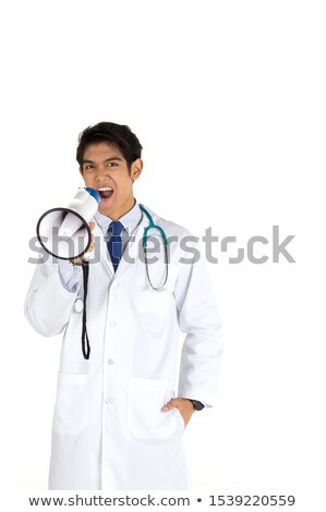 Zdjęcia stock: Young Caucasian Doctor Talking Into Loudspeaker