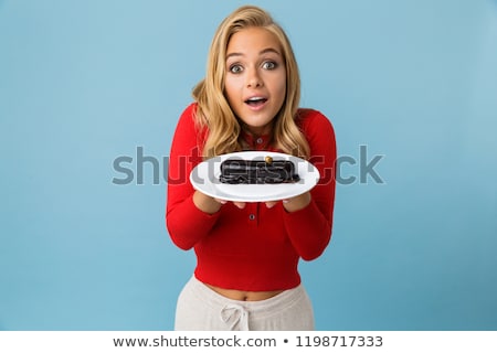 Stock photo: Portrait Of Joyous Blond Woman 20s Wearing Red Shirt Holding Gif