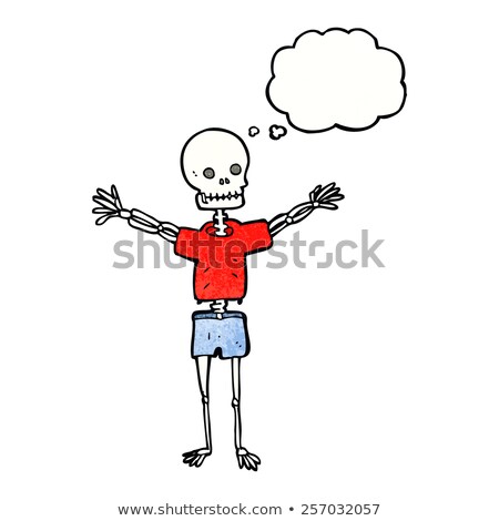 Foto d'archivio: Cartoon Skeleton In Clothes With Thought Bubble