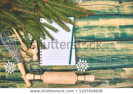 Foto stock: Christmas Menu Plan Or Recipe On Green Rustic Wooden Background