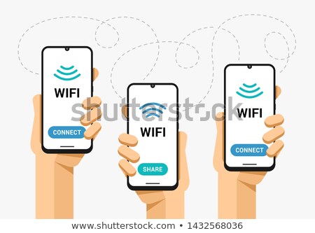 Сток-фото: Smartphone Mockup In Human Hand Wifi Signal Share And Connect Network Zone Connectivity Vector Fl