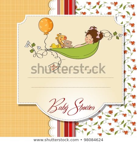 Foto stock: Little Girl Siting In A Pea Been Baby Announcement Card