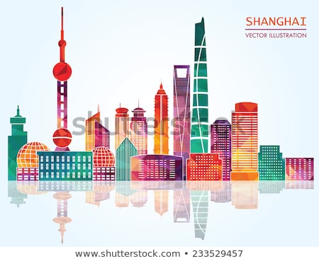Foto stock: Shanghai City Skyline Black And White Outline Illustration