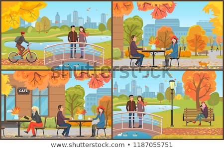 Сток-фото: Cafe Customers Couple And Park In Autumn Vector