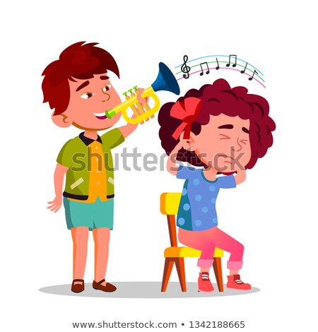 Сток-фото: Little Boy Blowing Party Horn To Tease Little Sad Girl Vector Flat Cartoon Illustration