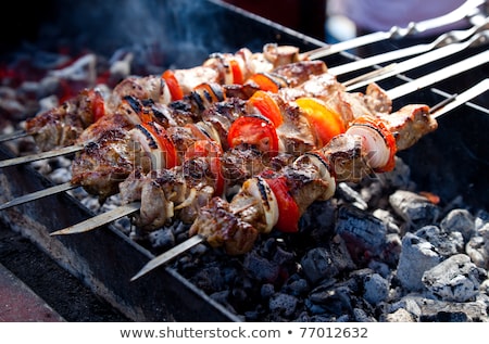 Stock fotó: Juicy Slices Of Meat With Sauce Prepare On Fire Shish Kebab Sh