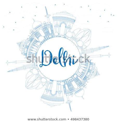 Foto stock: Outline Delhi Skyline With Blue Landmarks And Copy Space