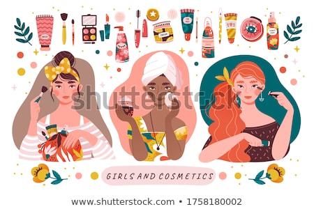 Foto stock: Three Cute Fashion Girls Black And White Vector Illustration Is