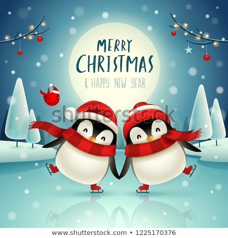 Stok fotoğraf: Cute Little Penguins In Christmas Snow Scene Winter Landscape C