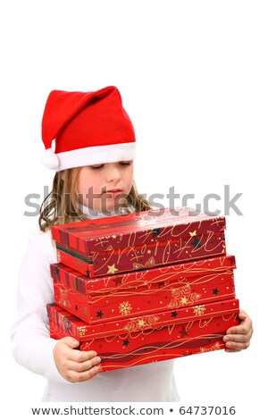 Stockfoto: Lein · Meisje · In · Santas · Rode · Hoed · Met · Drie · Cadeautjes · Op · Wit · Wordt · GeÃ¯soleerd