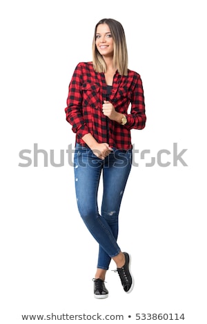 ストックフォト: Student Girl Posing In Red Checkered Shirt