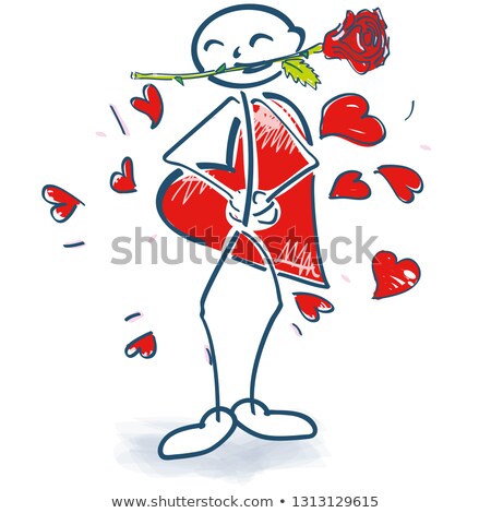 Stock photo: Stick Figure With Rose In The Mouth And Lots Of Hearts