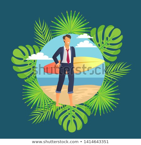 Foto d'archivio: Male In Suit Stands On Sand With Surfboard Vector