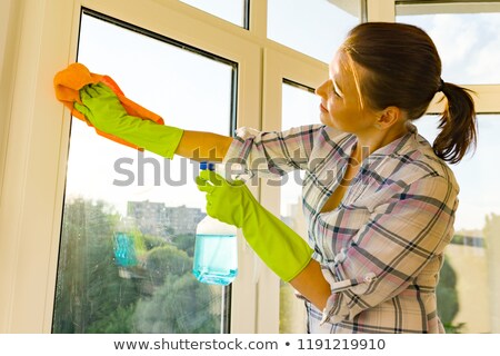 Stockfoto: Portrait Of Smiling Young Maid With Rubber Gloves