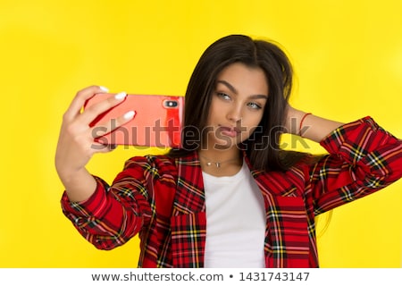 Zdjęcia stock: Stylish Brunette Woman Making Self Portrait At Yellow Studio